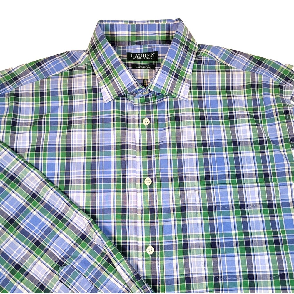 Lauren Ralph Lauren XL - 17 32/33 Blue Green Plaid Stretch Regular Fit Button Up